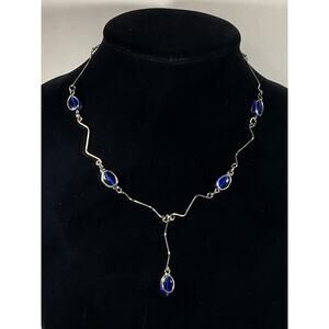 Silver Tone Blue Oval Glass Unique Link Station Necklace Drop Pendant 17 in